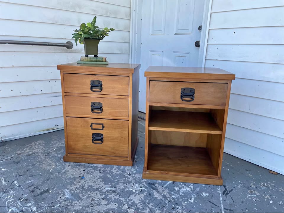 Pair of Campaign Style Wood Nightstands