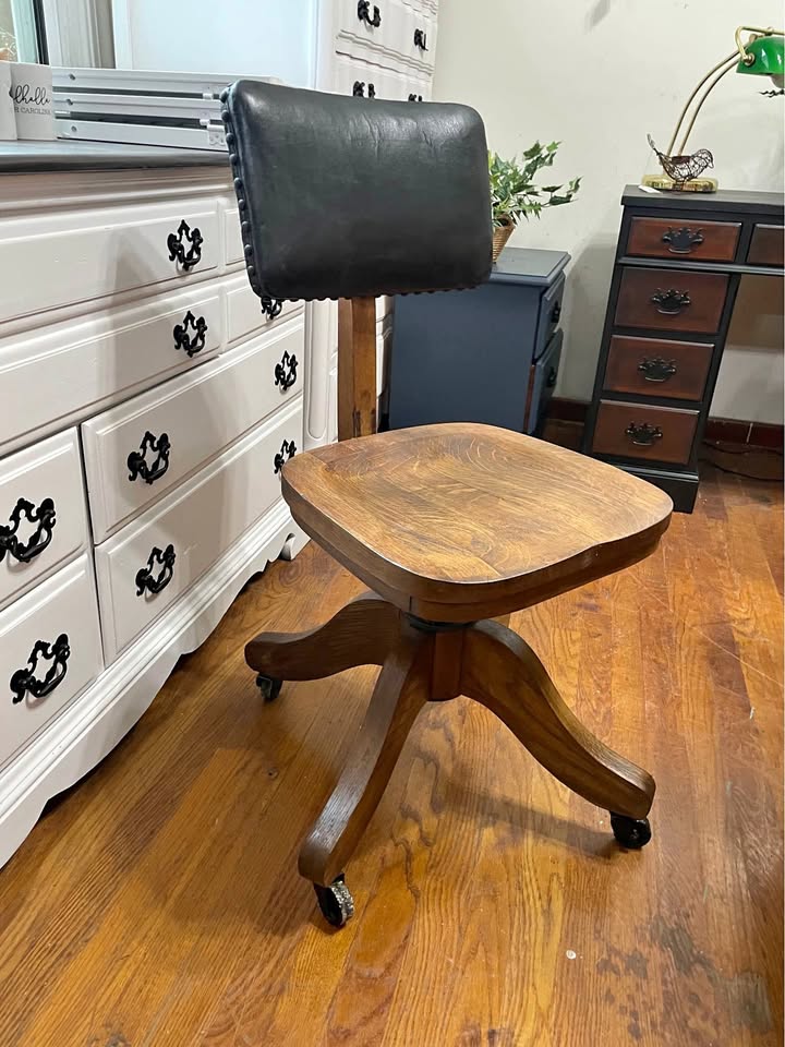 Vintage Oak Swivel Office Chair with Leather Backrest