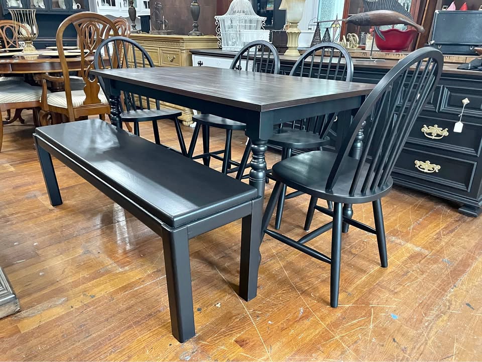 6-Piece Black and Dark Wood Dining Set with Bench