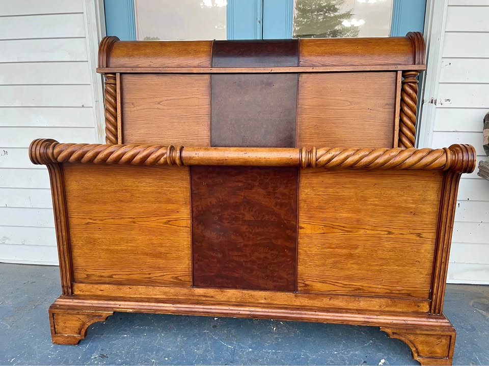 Queen Sized Bed Frame with Rope Twist Carving and Burl Wood Inlay