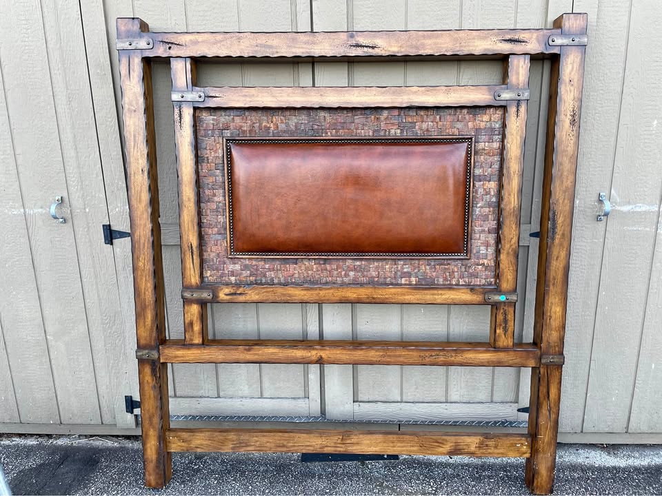 Rustic Wood and Leather Queen Headboard