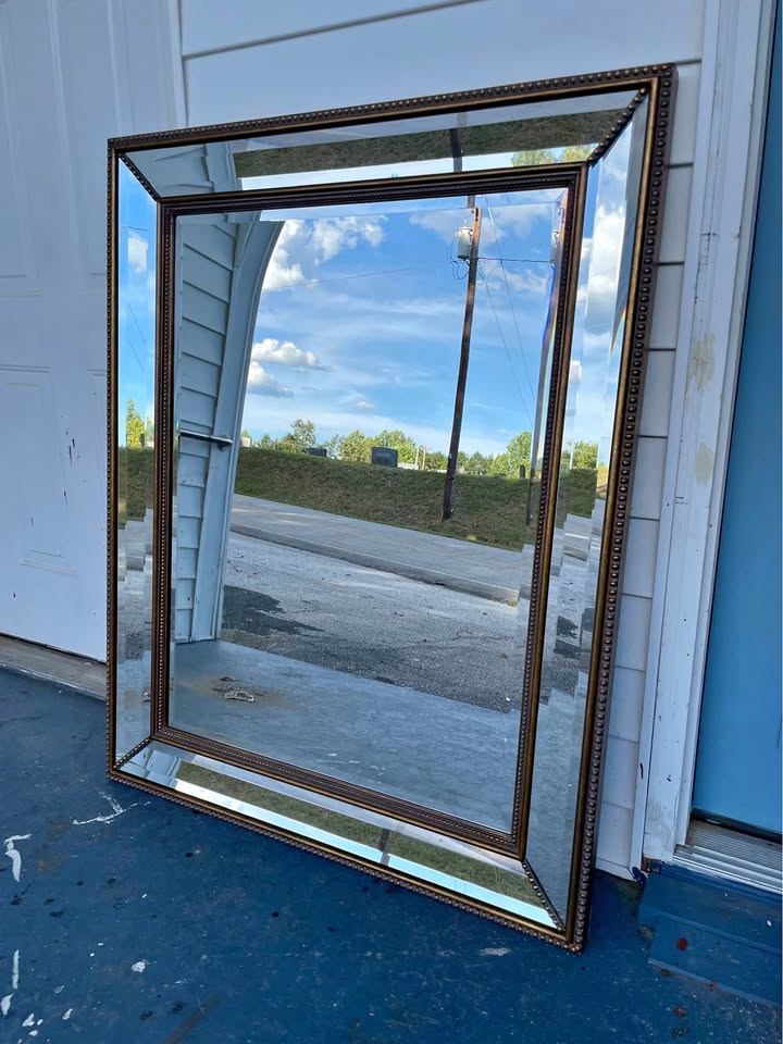 Large Beveled Glass Wall Mirror with Beaded Gold Frame