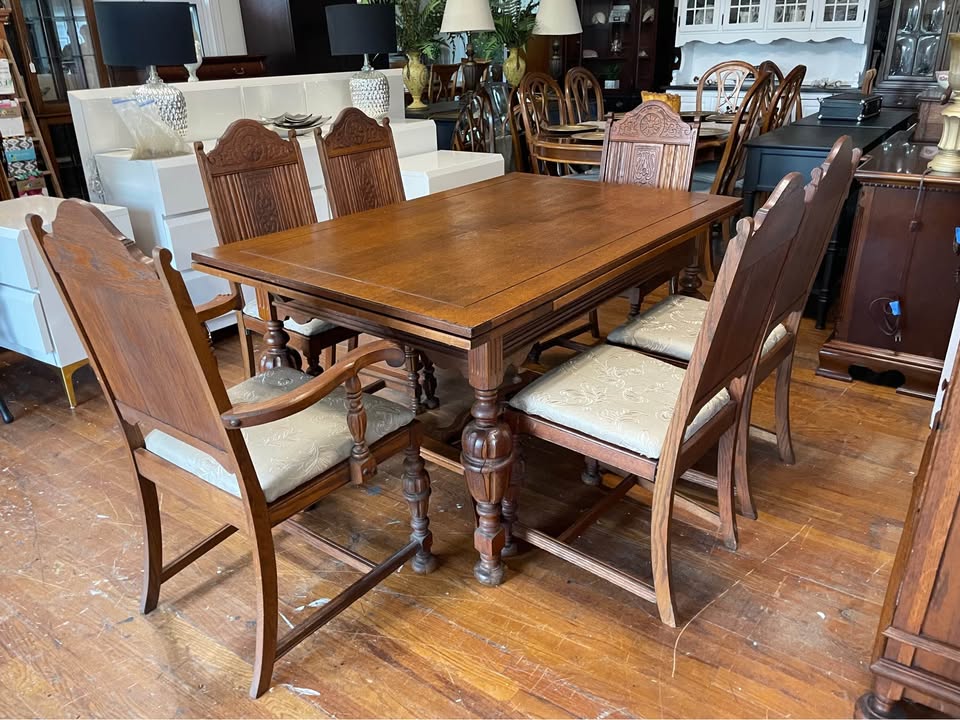 Vintage Carved Wood Dining Table and 6 Chairs Set