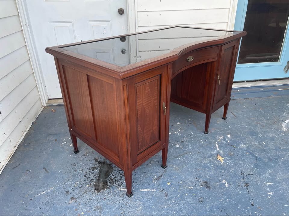 Vintage Mahogany Kneehole Desk with Black Top