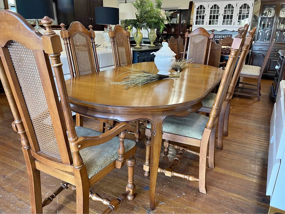 Vintage Wood Dining Table with 6 Matching Chairs