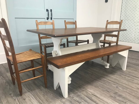 Farmhouse Table, 4 Chairs and a bench.