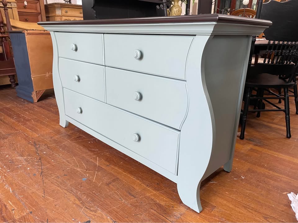 Curved 5-Drawer Dresser in Sage Green with Dark Wood Top