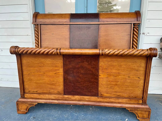 Queen Sized Bed Frame with Rope Twist Carving and Burl Wood Inlay
