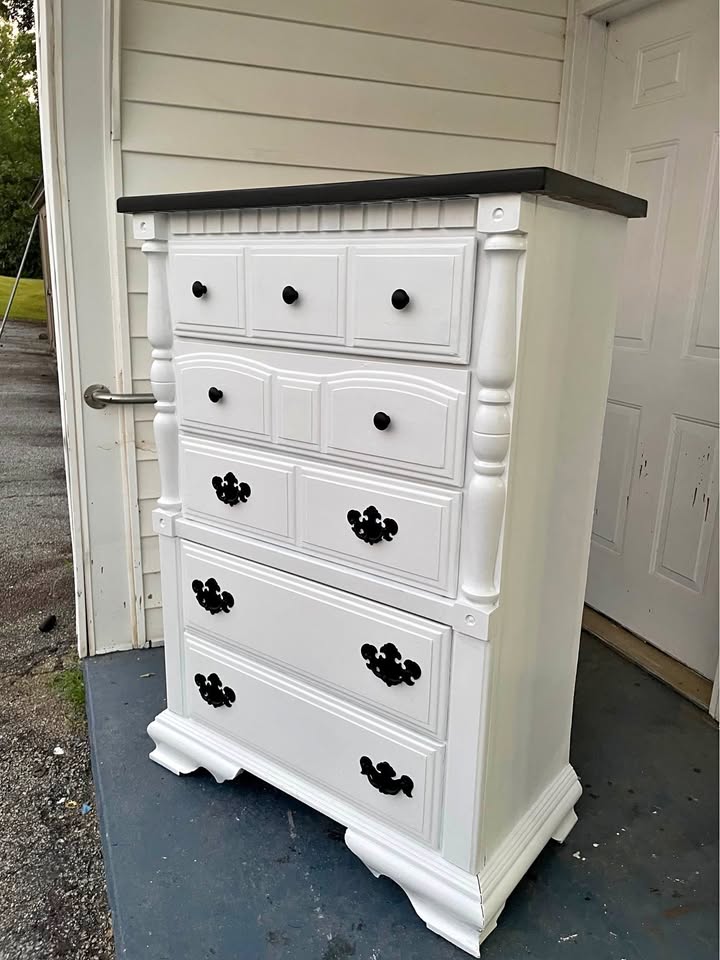 White Tall Chest of Drawers with Black Hardware