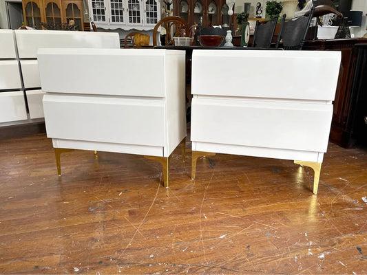 Pair of Lane White Lacquer Nightstands with Gold Legs