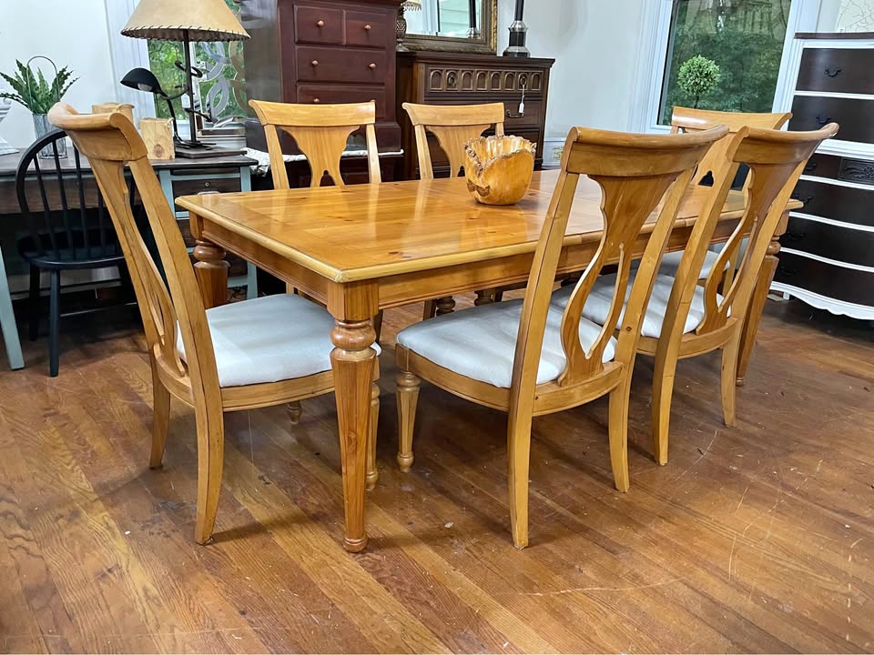 Solid Wood Dining Table with Six Matching Upholstered Chairs