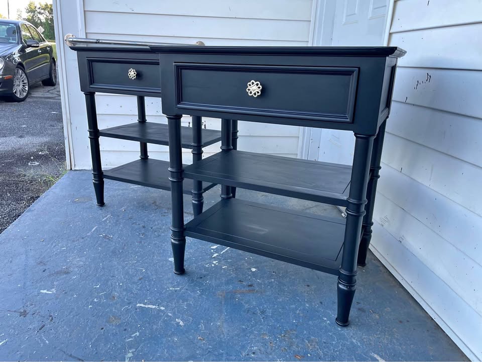 Pair of Drexel Heritage Black Nightstands