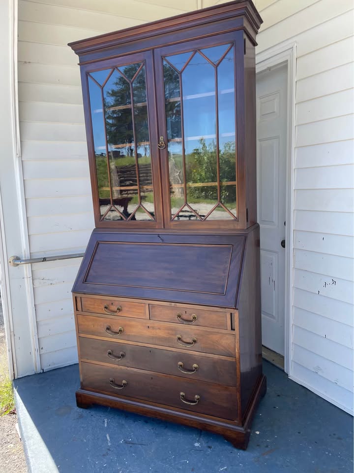 Large Vintage Mahogany Desk with Glass Hutch/Bookcase