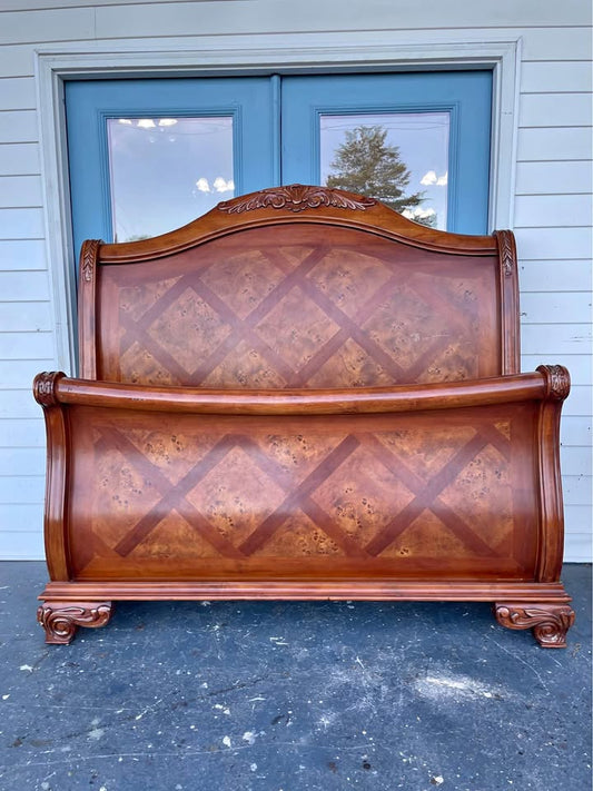 Ornate Burl Wood Queen Sleigh Bed Set