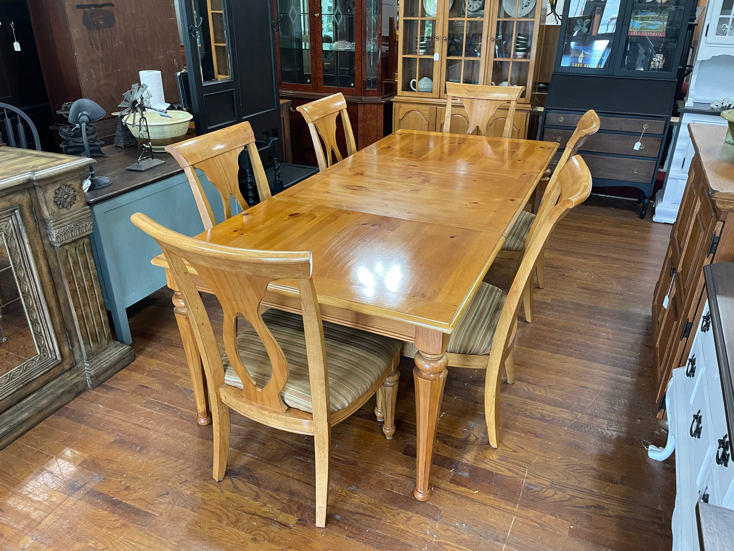 Solid Wood Dining Table with Six Matching Upholstered Chairs
